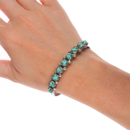 6.6" c1950's Zuni sterling silver carved turquoise row cuff bracelet