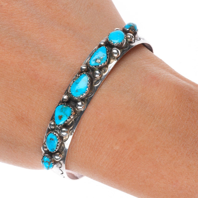 6.5" Vintage Justin Morris Navajo sterling silver turquoise row cuff bracelet