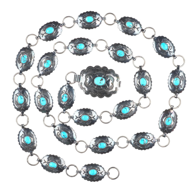32" 40's-50's Fred Harvey sterling silver/turquoise link concho belt/hatband