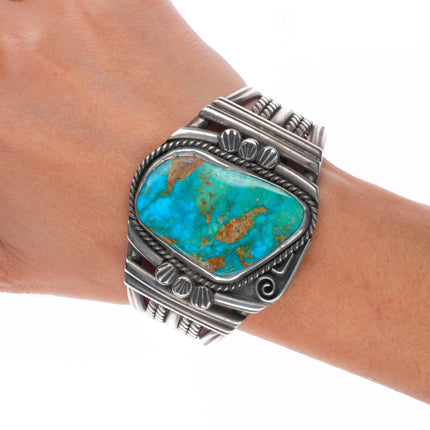 6.75" c1950's Navajo Blue Gem turquoise sterling silver cuff bracelet Battle Mtn