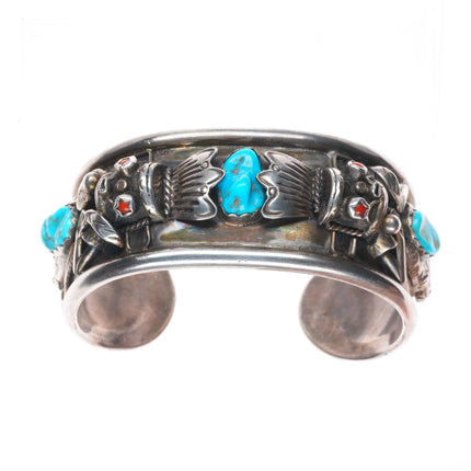 6.5" H Secatero Navajo sterling silver Kachina cuff bracelet w/turquoise/coral