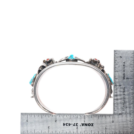 6.5" H Secatero Navajo sterling silver Kachina cuff bracelet w/turquoise/coral