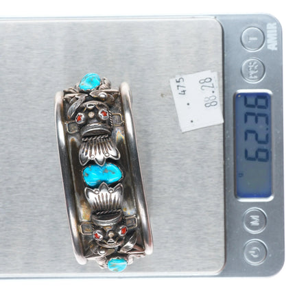 6.5" H Secatero Navajo sterling silver Kachina cuff bracelet w/turquoise/coral