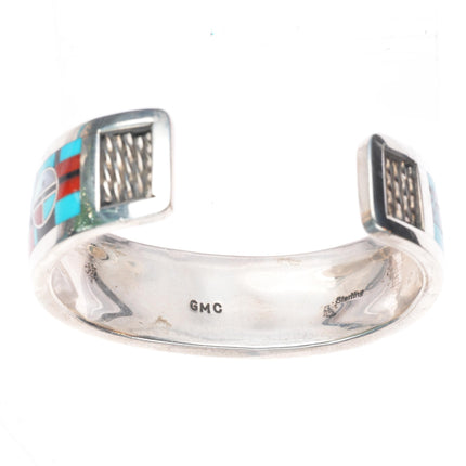6.5" Gilbert & Mildred Calavaza Zuni inlay sunface sterling silver cuff bracelet