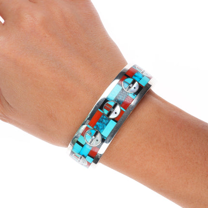 6.5" Gilbert & Mildred Calavaza Zuni inlay sunface sterling silver cuff bracelet