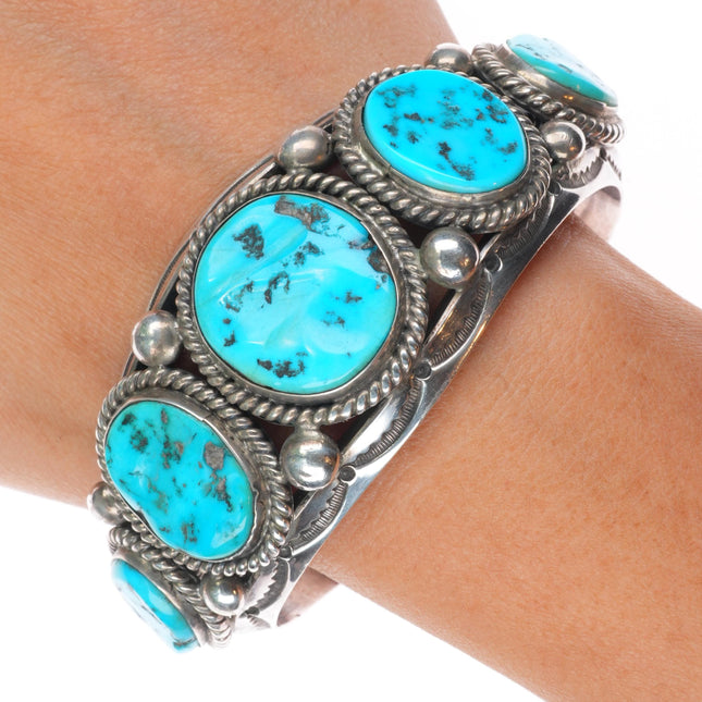 7.2" Big Harrison Jim Navajo sterling silver Kingman turquoise cuff bracelet