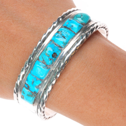 6.5" c1950's vintage Zuni cobblestone inlay turquoise cuff bracelet