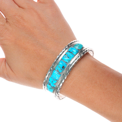 6.5" c1950's vintage Zuni cobblestone inlay turquoise cuff bracelet