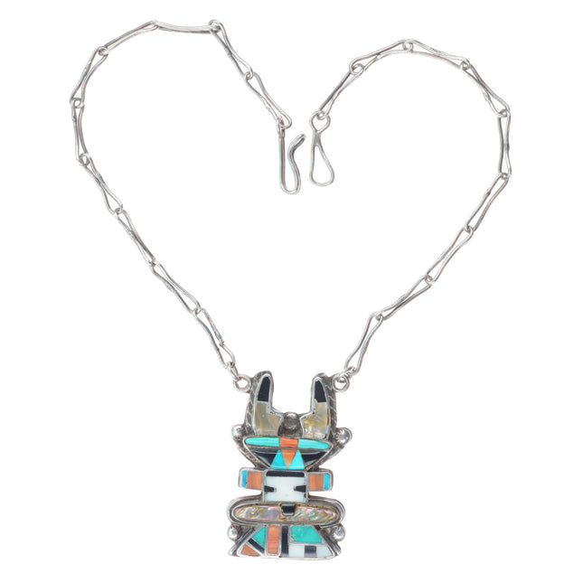 Vintage 40's-50's Zuni sterling silver multi-stone inlay antelope necklace