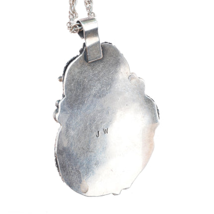 Vintage JW Navajo sterling silver featherwork turquoise large pendant/necklace