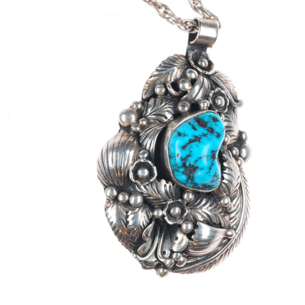 Vintage JW Navajo sterling silver featherwork turquoise large pendant/necklace