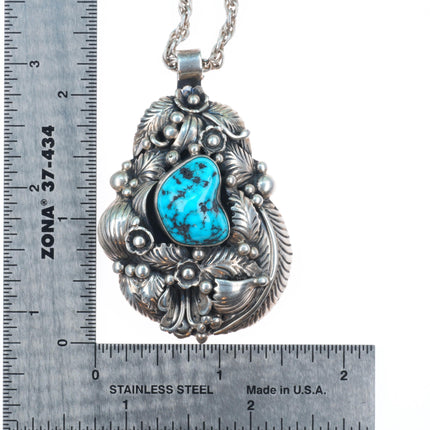 Vintage JW Navajo sterling silver featherwork turquoise large pendant/necklace