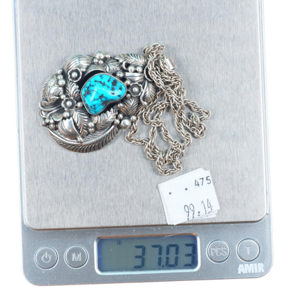 Vintage JW Navajo sterling silver featherwork turquoise large pendant/necklace