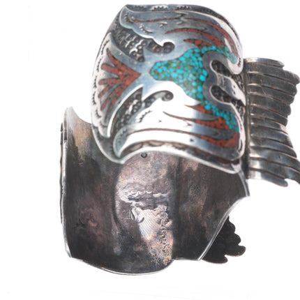 6.75" Vintage Navajo sterling silver Peyote Bird Chip inlay watch cuff bracelet