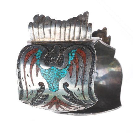 6.75" Vintage Navajo sterling silver Peyote Bird Chip inlay watch cuff bracelet