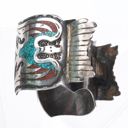 6.75" Vintage Navajo sterling silver Peyote Bird Chip inlay watch cuff bracelet
