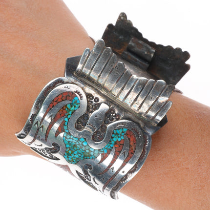 6.75" Vintage Navajo sterling silver Peyote Bird Chip inlay watch cuff bracelet