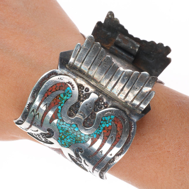 6.75" Vintage Navajo sterling silver Peyote Bird Chip inlay watch cuff bracelet