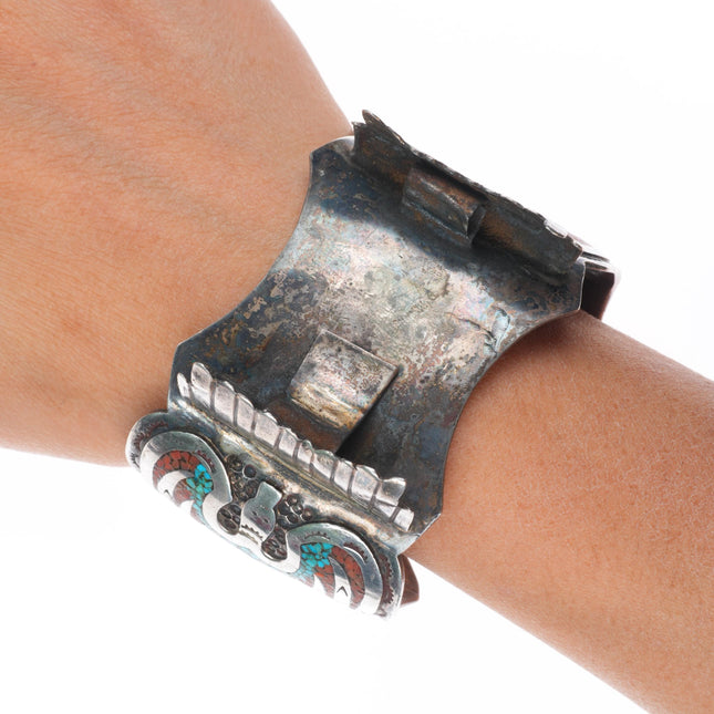 6.75" Vintage Navajo sterling silver Peyote Bird Chip inlay watch cuff bracelet