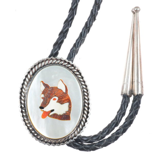 Vintage Native American sterling silver dog inlaid mother of pearl bolo tie