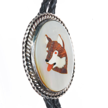 Vintage Native American sterling silver dog inlaid mother of pearl bolo tie
