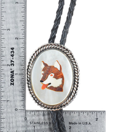 Vintage Native American sterling silver dog inlaid mother of pearl bolo tie