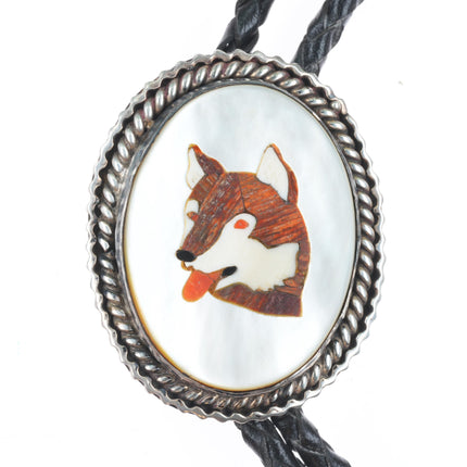 Vintage Native American sterling silver dog inlaid mother of pearl bolo tie