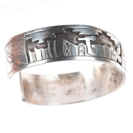 6.75" Vintage Navajo sterling silver storyteller overlay cuff bracelet