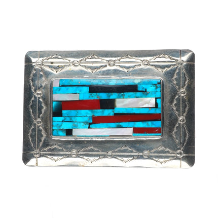Vintage Navajo sterling silver turquoise/shell intarsia inlay belt buckle