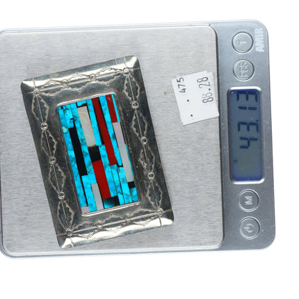 Vintage Navajo sterling silver turquoise/shell intarsia inlay belt buckle
