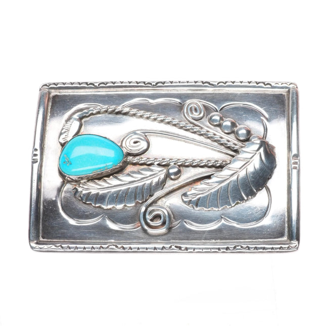 Vintage Navajo sterling silver turquoise belt buckle with turquoise/feathers