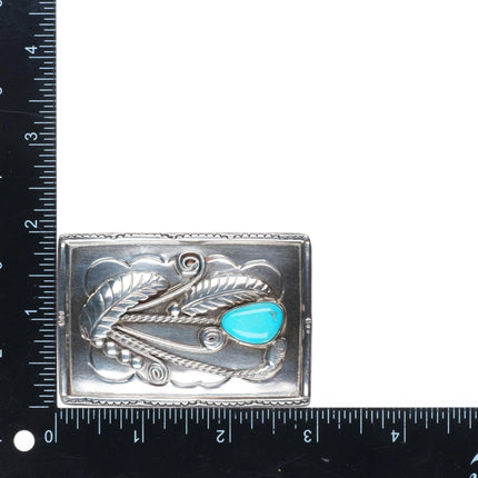 Vintage Navajo sterling silver turquoise belt buckle with turquoise/feathers