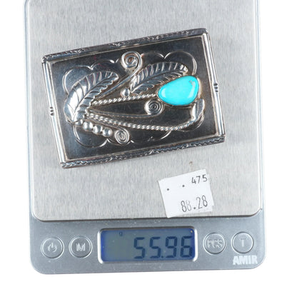 Vintage Navajo sterling silver turquoise belt buckle with turquoise/feathers