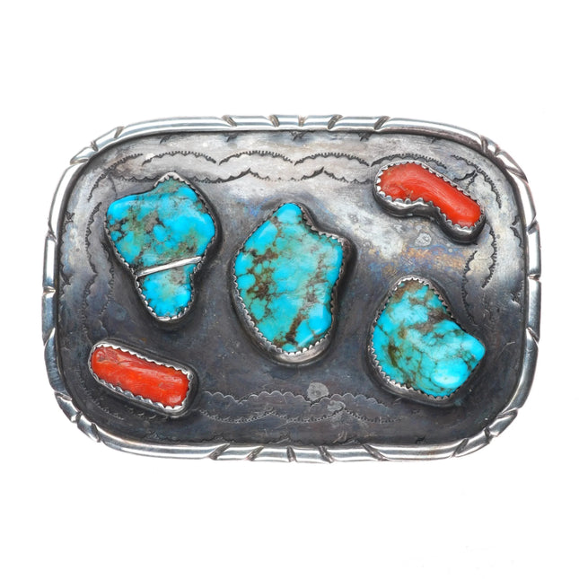Vintage Navajo sterling silver turquoise/branch coral belt buckle