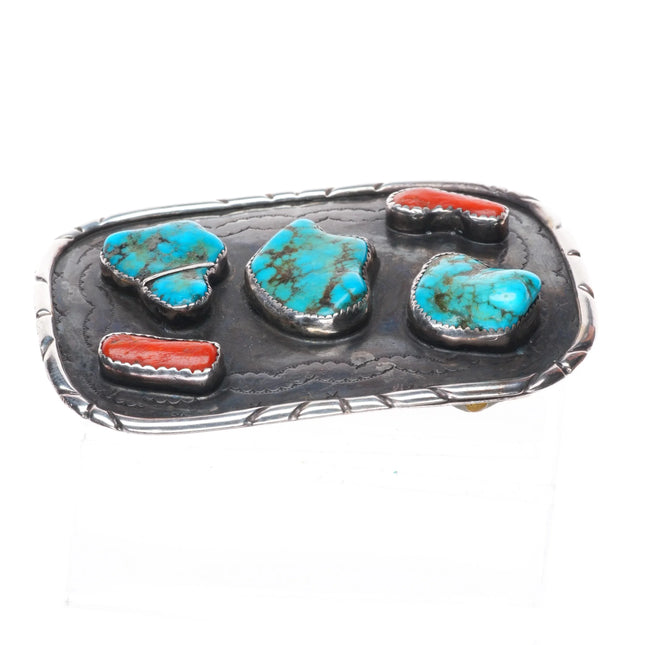 Vintage Navajo sterling silver turquoise/branch coral belt buckle