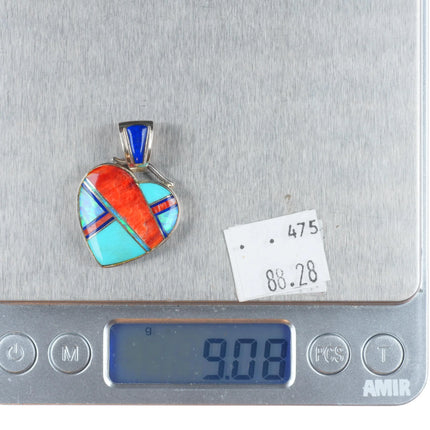 Kenneth Bitsie Navajo sterling silver, turquoise, spiny oyster heart pendant
