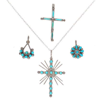 Vintage Zuni sterling silver snake eye/needlepoint turquoise cross/other pendant