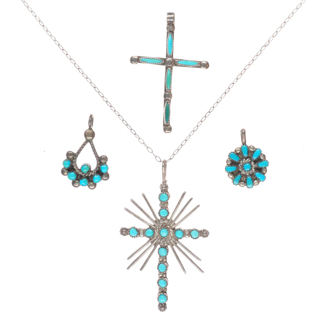Vintage Zuni sterling silver snake eye/needlepoint turquoise cross/other pendant