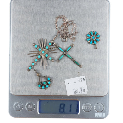 Vintage Zuni sterling silver snake eye/needlepoint turquoise cross/other pendant