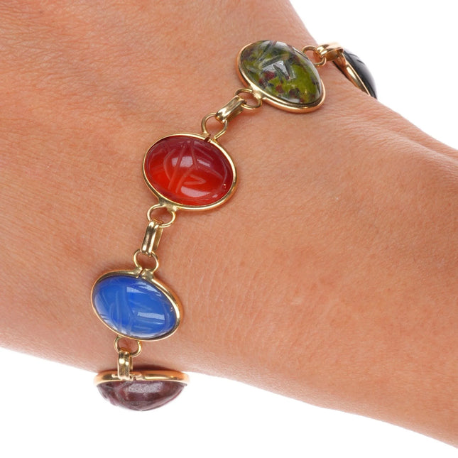 7.25" vintage solid 14k gold multi-stone carved Scarab link bracelet