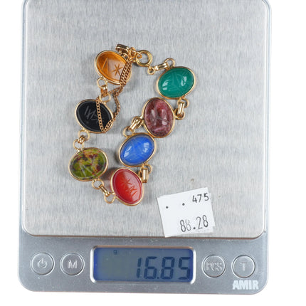 7.25" vintage solid 14k gold multi-stone carved Scarab link bracelet