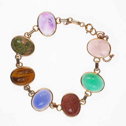7.2" vintage solid 14k gold multi-stone carved Scarab link bracelet
