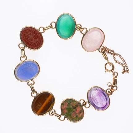 7.2" vintage solid 14k gold multi-stone carved Scarab link bracelet