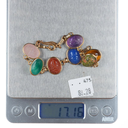 7.2" vintage solid 14k gold multi-stone carved Scarab link bracelet