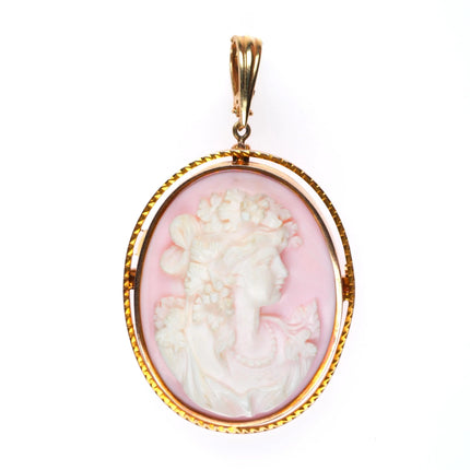 10k/14k gold large vintage deep carved pink shell cameo pendant/pin