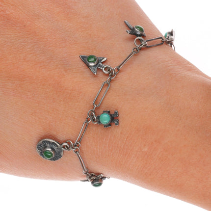 6.25" c1940 Navajo/Fred Harvey Cerillos turquoise sterling silver charm bracelet