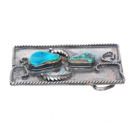 Vintage Navajo sterling silver turquoise belt buckle feather/twisted wire design