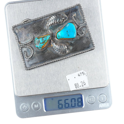 Vintage Navajo sterling silver turquoise belt buckle feather/twisted wire design