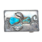 Vintage Navajo sterling silver turquoise belt buckle feather/twisted wire design