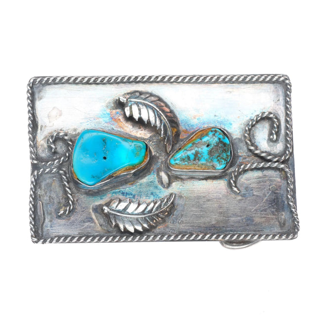 Vintage Navajo sterling silver turquoise belt buckle feather/twisted wire design